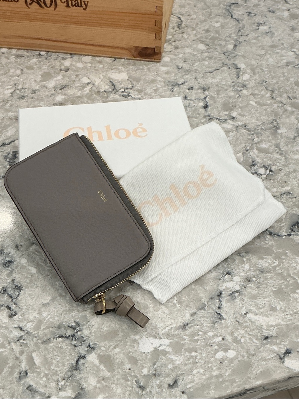 Chloé Alphabet Zip Card Holder Cashmere Grey Leather Wallet Gold Hardware